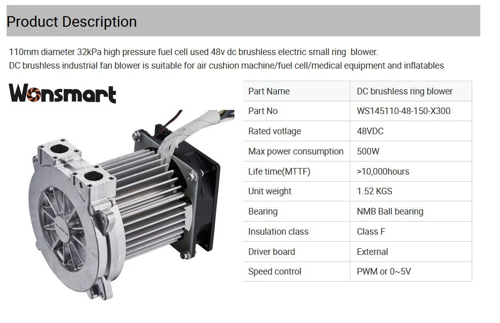 CPAP Motor 110mm Small Sized 32kpa 15cfm Air Flow Fuel Cell Used 48V DC Brushless Electric High Pressure Vortex Regenerative Blower